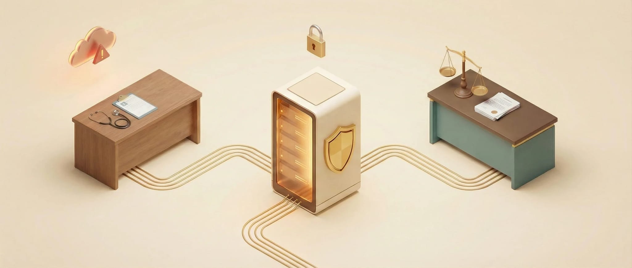 Illustration: Arzt- und Kanzlei-Arbeitsplätze sind über einen lokal geschützten Server verbunden, mit cloudbasiertem Risikohinweis.