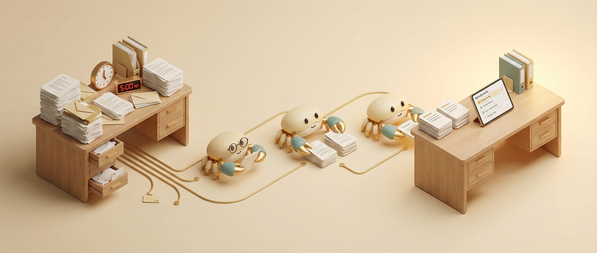 Illustration: Dokumentenchaos wird durch mehrere KI-Agenten in einen strukturierten, priorisierten Workflow überführt.