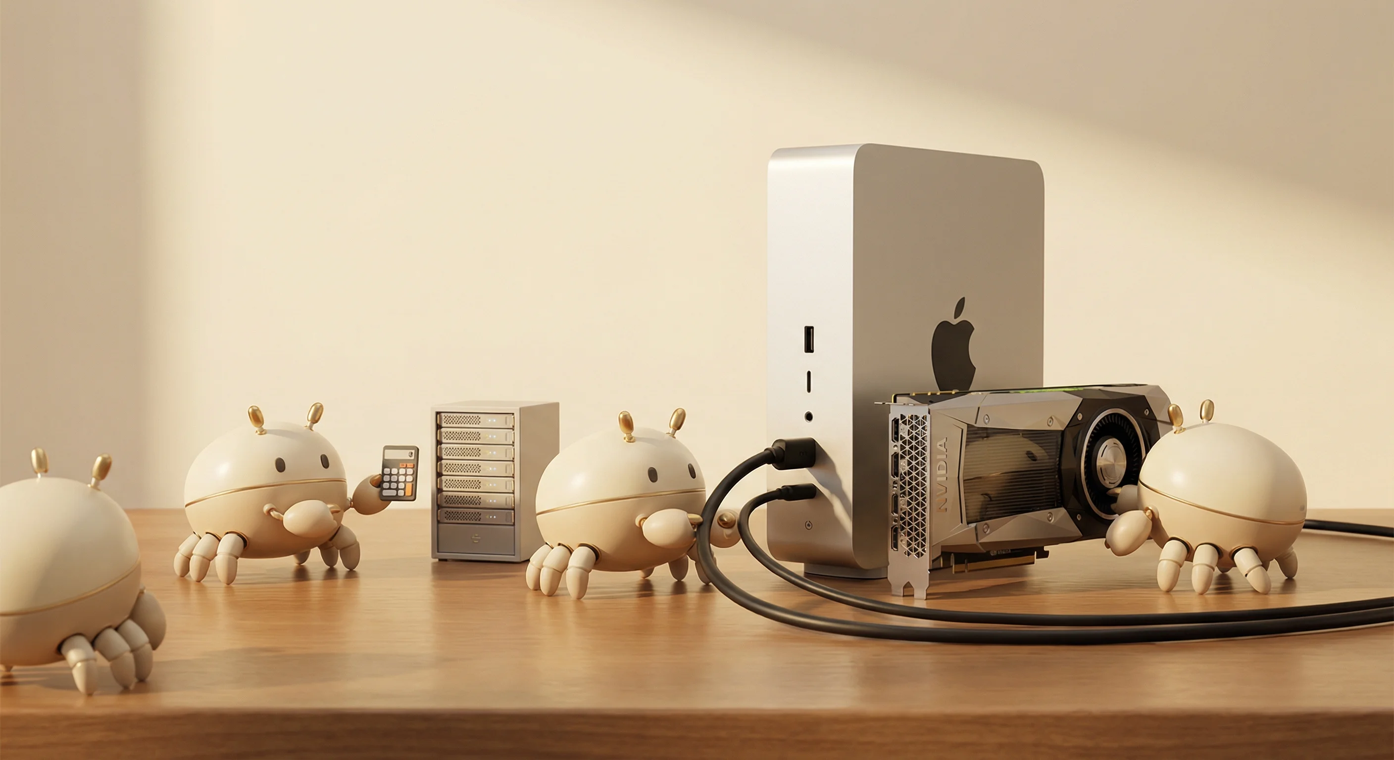 Crab-Roboter tanzen um Server-Hardware und KI-Infrastruktur.