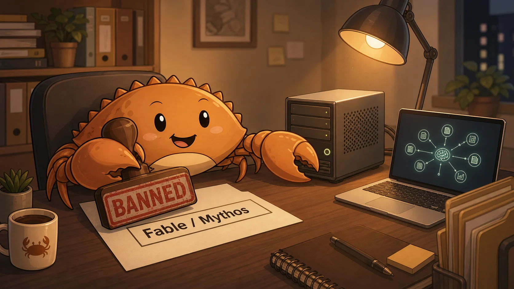 NeuraHaus Krabbe stempelt Fable und Mythos als gesperrt, daneben lokale KI-Hardware
