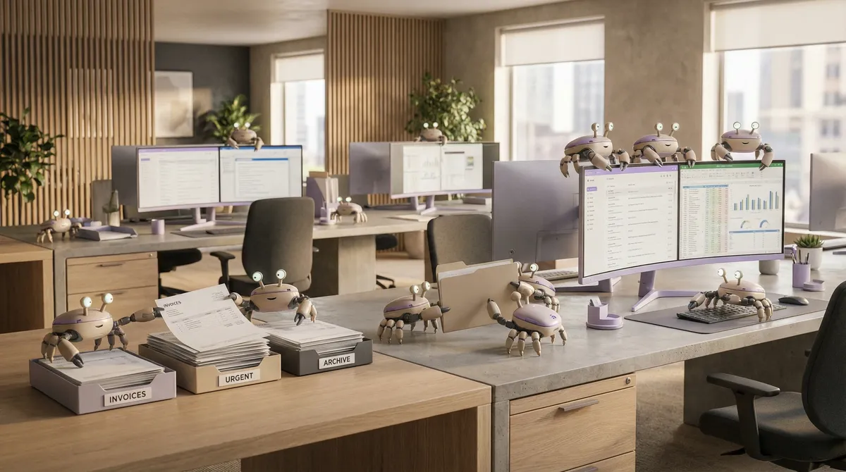 Büro mit mehreren Roboter-Assistenten, die Administrative Aufgaben erledigen.