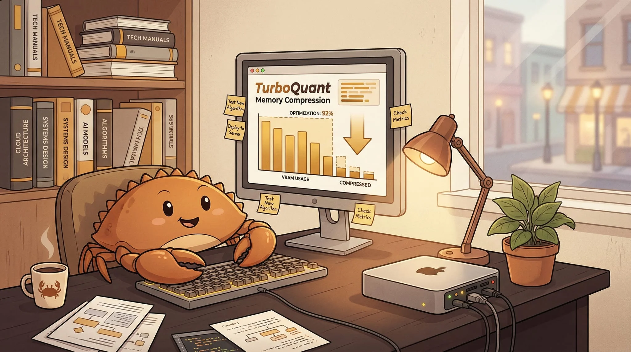 NeuraHaus Krabbe am Computer mit TurboQuant Memory Compression Visualisierung